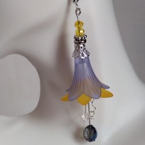 Flower Earrings Blue Yellow Lucite Czech Glass Beaded Dangle Silver Tone Hook